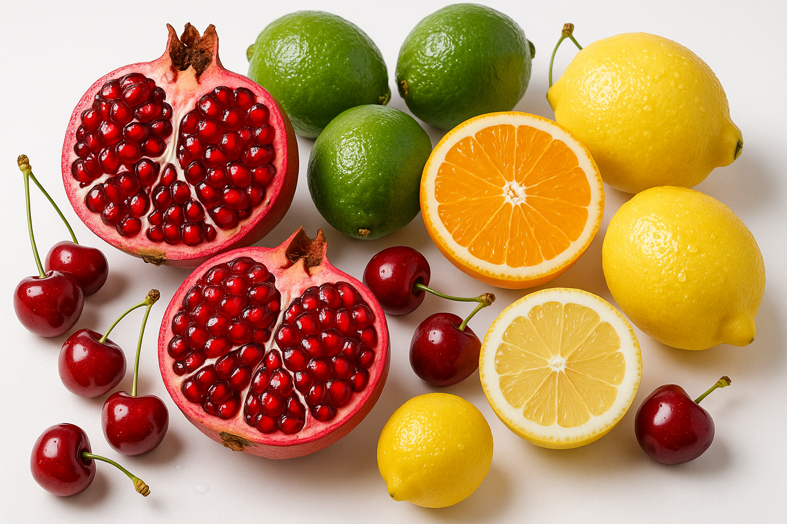 Antioxidants which include bright and colorful fruit like pomegranates, limes, orange cherries, lemons